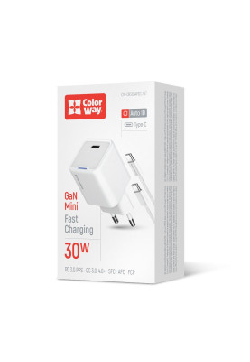 Мережевий зарядний пристрій ColorWay GaN Mini 30W PD Port PPS USB-C White (CW-CHS054PDC-WT) + кабель USB Type-C