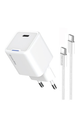 Мережевий зарядний пристрій ColorWay GaN Mini 30W PD Port PPS USB-C White (CW-CHS054PDC-WT) + кабель USB Type-C