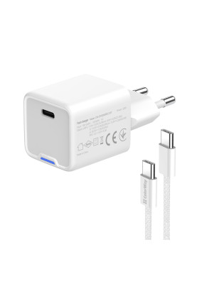 Мережевий зарядний пристрій ColorWay GaN Mini 30W PD Port PPS USB-C White (CW-CHS054PDC-WT) + кабель USB Type-C