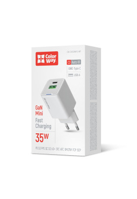 Мережевий зарядний пристрій ColorWay GaN Mini 35W PD Port PPS USB (Type-C PD + USB QC4.0) White (CW-CHS055PD-WT)