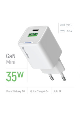 Мережевий зарядний пристрій ColorWay GaN Mini 35W PD Port PPS USB (Type-C PD + USB QC4.0) White (CW-CHS055PD-WT)