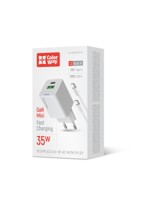 Мережевий зарядний пристрій ColorWay GaN Mini 35W PD Port PPS USB (Type-C PD + USB QC4.0) White (CW-CHS055PDC-WT) + кабель USB Type-C