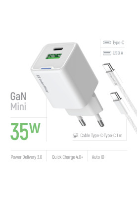 Мережевий зарядний пристрій ColorWay GaN Mini 35W PD Port PPS USB (Type-C PD + USB QC4.0) White (CW-CHS055PDC-WT) + кабель USB Type-C