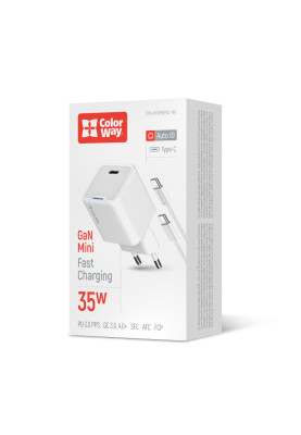 Мережевий зарядний пристрій ColorWay GaN Mini 35W PD Port PPS USB-C White (CW-CHS056PDC-WT) + кабель USB Type-C