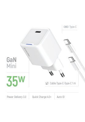 Мережевий зарядний пристрій ColorWay GaN Mini 35W PD Port PPS USB-C White (CW-CHS056PDC-WT) + кабель USB Type-C