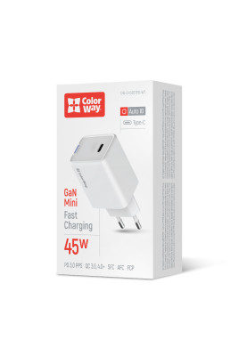 Мережевий зарядний пристрій ColorWay GaN Mini 45W PD Port PPS USB-C White (CW-CHS057PD-WT)