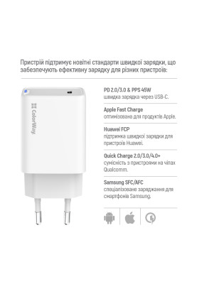 Мережевий зарядний пристрій ColorWay GaN Mini 45W PD Port PPS USB-C White (CW-CHS057PD-WT)