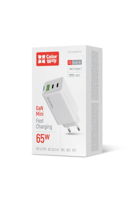 Мережевий зарядний пристрій ColorWay GaN Mini 65W PD Port PPS USB (USB-2C1A) White (CW-CHS058PD-WT)