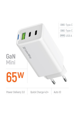 Мережевий зарядний пристрій ColorWay GaN Mini 65W PD Port PPS USB (USB-2C1A) White (CW-CHS058PD-WT)