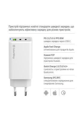Мережевий зарядний пристрій ColorWay GaN Mini 65W PD Port PPS USB (USB-2C1A) White (CW-CHS058PD-WT)