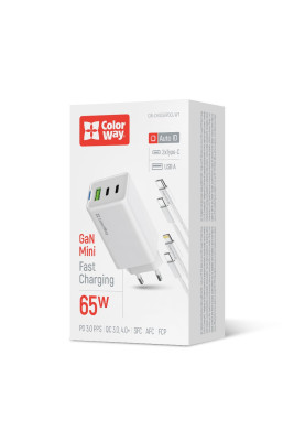 Мережевий зарядний пристрій ColorWay GaN Mini 65W PD Port PPS USB (USB-2C1A) White (CW-CHS058PDCL-WT) + кабель Type-C&Lightning