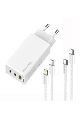 Мережевий зарядний пристрій ColorWay GaN Mini 65W PD Port PPS USB (USB-2C1A) White (CW-CHS058PDCL-WT) + кабель Type-C&Lightning