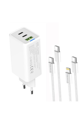 Мережевий зарядний пристрій ColorWay GaN Mini 65W PD Port PPS USB (USB-2C1A) White (CW-CHS058PDCL-WT) + кабель Type-C&Lightning