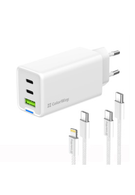 Мережевий зарядний пристрій ColorWay GaN Mini 65W PD Port PPS USB (USB-2C1A) White (CW-CHS058PDCL-WT) + кабель Type-C&Lightning