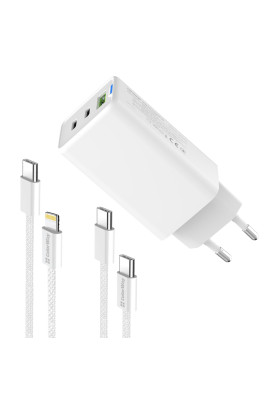 Мережевий зарядний пристрій ColorWay GaN Mini 65W PD Port PPS USB (USB-2C1A) White (CW-CHS058PDCL-WT) + кабель Type-C&Lightning