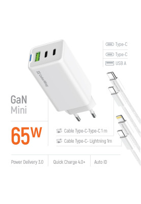 Мережевий зарядний пристрій ColorWay GaN Mini 65W PD Port PPS USB (USB-2C1A) White (CW-CHS058PDCL-WT) + кабель Type-C&Lightning