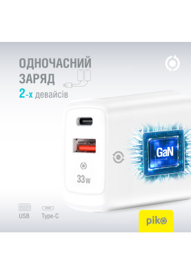 Мережевий зарядний пристрій Piko TC-PD332 (1USB-Cx3A, 1USBx3A) 33W White (1283126597794)