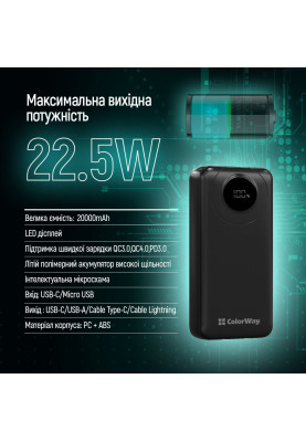 Універсальна мобільна батарея ColorWay EnergyPlus 20000mAh Black (CW-PB200LPB4BK-PDD)