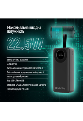 Універсальна мобільна батарея ColorWay EnergyPlus 30000mAh Black (CW-PB300LPB4BK-PDD)