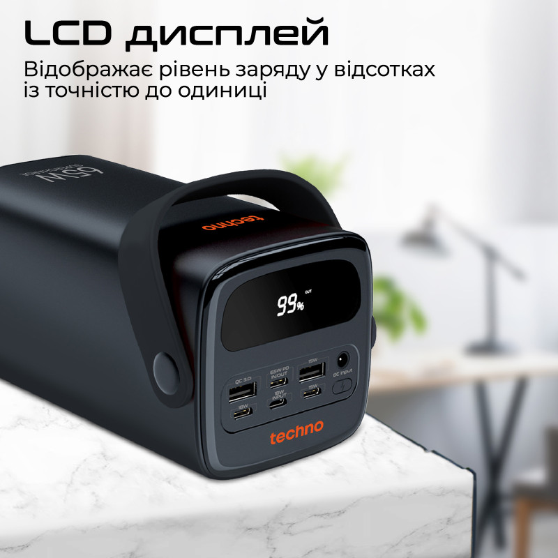 Універсальна мобільна батарея Techno 80000mAh PD 65W QC 3.0 Black (powerbank-80)