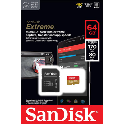 SanDisk Карта пам'яті microSD 64GB C10 UHS-I U3 R170/W80MB/s Extreme V30 + SD