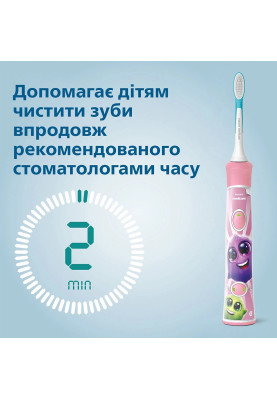 Philips Щітка зубна електр., Sonicare For Kids, для дітей, 62т. колив/хв, насадок-2, Bluetooth, рожевий