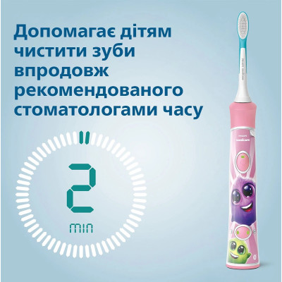 Philips Щітка зубна електр., Sonicare For Kids, для дітей, 62т. колів/хв, насадок-2, Bluetooth, розовий