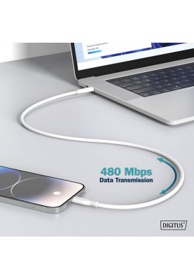 Digitus USB-C > Lightning заряджання/синхронізації, 2м, USB 2.0, 60W, силіконовий, білий