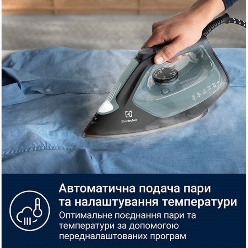 Electrolux Праска, 2600Вт, 370мл, паровий удар 230гр, алюмінієва підошва, зелено-чорний