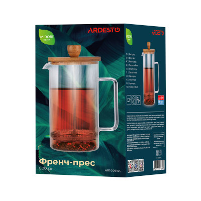 ARDESTO Френч-прес Midori, 800мл, боросилікатне скло, нержавіюча сталь, бамбук, прозорий ARDESTO Френч-прес Midori, 800мл, боросилікатне скло, нержавіюча сталь, бамбук, прозорий
