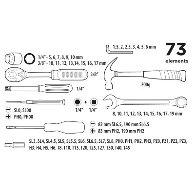 Top Tools Набір інструментів, 1/4", 3/8", 73шт, універсальний