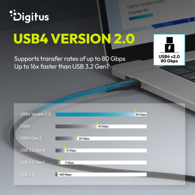 Digitus Кабель DIGITUS USB-C > USB-C заряджання/синхронізації, USB4 2.0, 80G, 240W, 16K, силіконовий, 0.5м, чорний