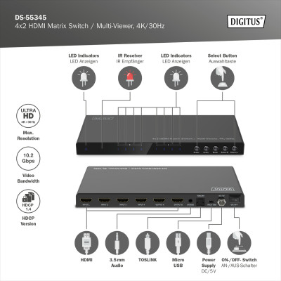 Digitus Перемикач 4x2 HDMI Matrix Switch / Multi-Viewer, 4K/30Hz Digitus Перемикач 4x2 HDMI Matrix Switch / Multi-Viewer, 4K/30Hz