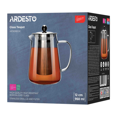 ARDESTO Заварник Gemini Milano 950мл, боросилікатне скло, нержавіюча сталь, прозрачний