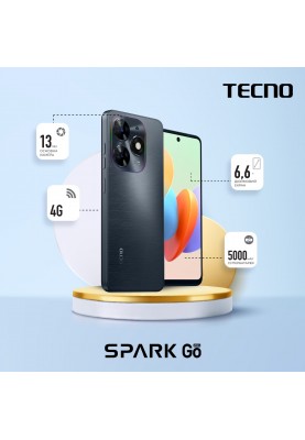 TECNO Смартфон Spark Go 2024 (BG6) 6.56" 3/64ГБ, 2SIM, 5000мА рік, Gravity Black