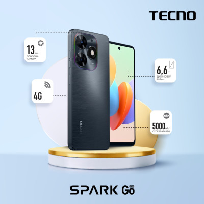 TECNO Смартфон Spark Go 2024 (BG6) 6.56" 3/64ГБ, 2SIM, 5000мА рік, Gravity Black