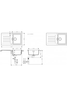 Hansgrohe Мийка кухонна S52, граніт, прямокутник, з крилом, 840х480х190мм, чаша - 1, врізна, сірий камінь