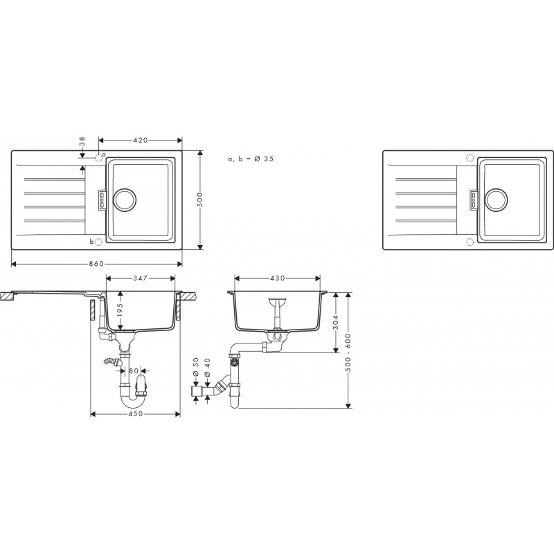 Hansgrohe Мийка кухонна S52, граніт, прямокутник, з крилом, 840х480х190мм, чаша - 1, врізна, сірий камінь