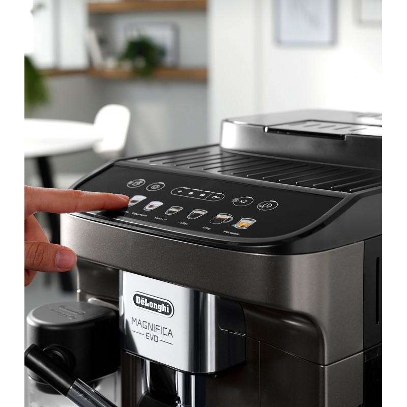 Delonghi Кавомашина Magnifica Evo, 1.8л, зерно+мелена, автомат.капуч, дисплей, авторецептів -7, графіт