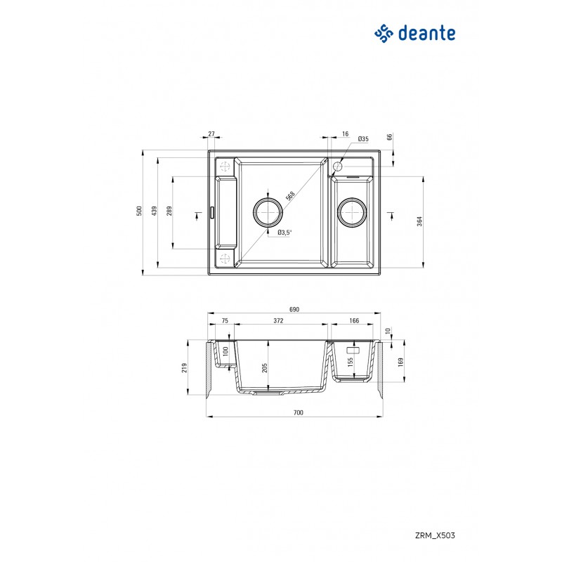 Deante Мийка кухонна Magnetic, граніт, прямокутник, без крила, 690х500х219мм, чаша - 1.5, накладна, чорний