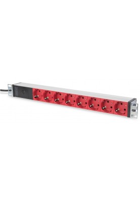 Digitus Блок розеток 1U, 8xSchuko red, 10A, 250V, запобіжник, вилка C14