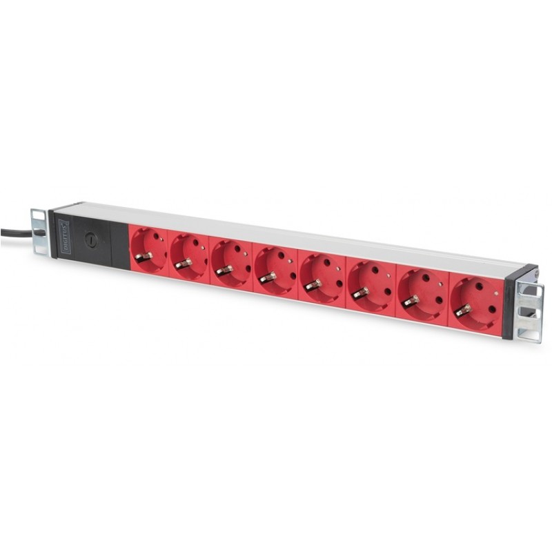 Digitus Блок розеток 1U, 8xSchuko red, 10A, 250V, запобіжник, вилка C14