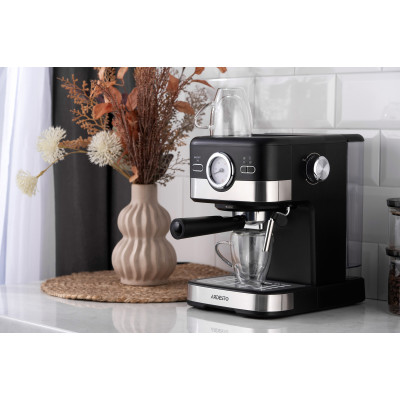ARDESTO Кавоварка рожкова 1.5л, мелена, ручний капучинатор, чорно-сріблястий
