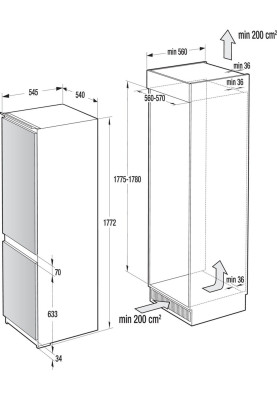 Gorenje Холодильник вбудований з нижн. мороз., 177х55х54см, 2 двері, 180 (68) л, А ++, NF +, Зона св-ті, Внутр. Диспл, Білий