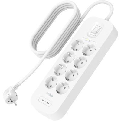 Belkin Подовжувач-фільтр мережевий Belkin 8хТип F, 3x1.5мм кв, 16А, USB-C/USB-C 30Вт, з захистом від перенапруги, 2м, білий