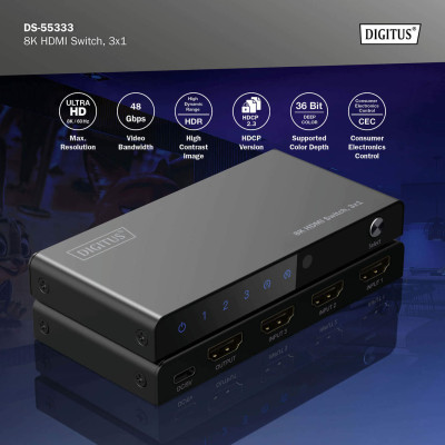 Digitus 3x1 HDMI Switch, 8K/60Hz (4:4:4), HDR, HDCP 2.3