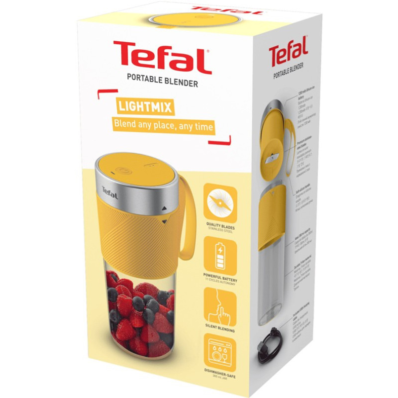 Tefal Блендер Lightmix портативний для смузі, чаша-300мл, USB, тритан, жовтий