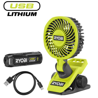 Ryobi Вентилятор акумуляторний кліпсу USB Lithium RCF4-120G 4В 2А·рік 3800об·хв обертання 325° поворот 180° 2 швидкості 0.29кг