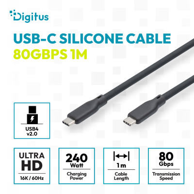 Digitus Кабель DIGITUS USB-C > USB-C заряджання/синхронізації, USB4 2.0, 80G, 240W, 16K, силіконовий, 0.5м, чорний