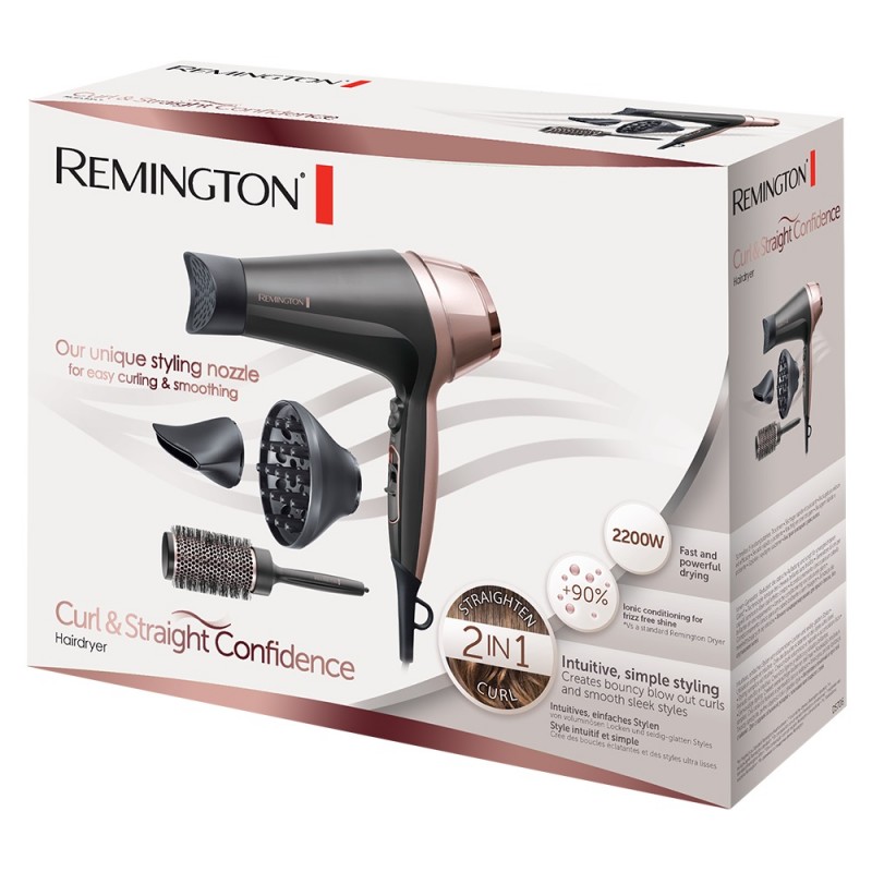 Remington Фен Curl&Straight Confidence, 2200Вт, 3 режими, дифузор,гребінець,іоніз-я, хол. обдув, чорно-беж